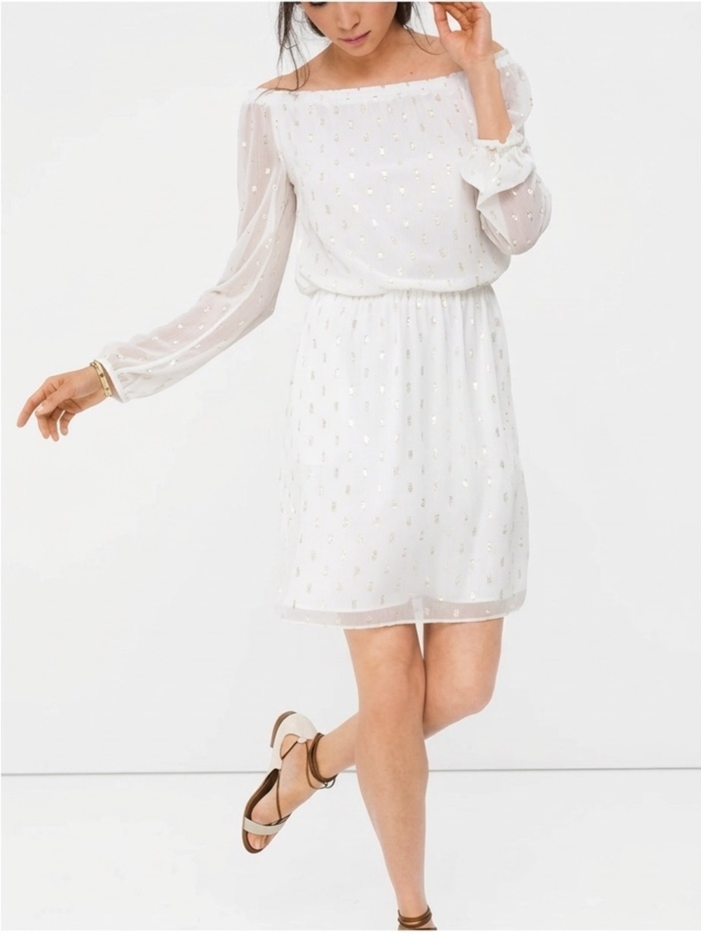 WHBM - White Dress with Gold Accents Flowy Off-Shoulder